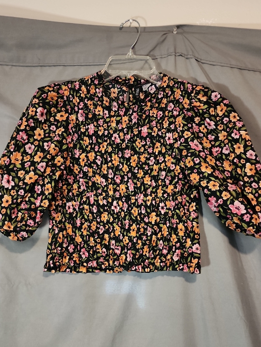 Divided Black Smocked Puff Sleeve Floral Top with Pink & Orange Blooms